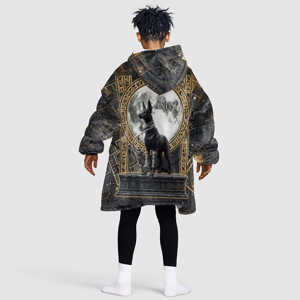 Anput Jackal Mask Kid Wearable Blanket Hoodie with Full Moon Egyptian Afterlife Symbolism