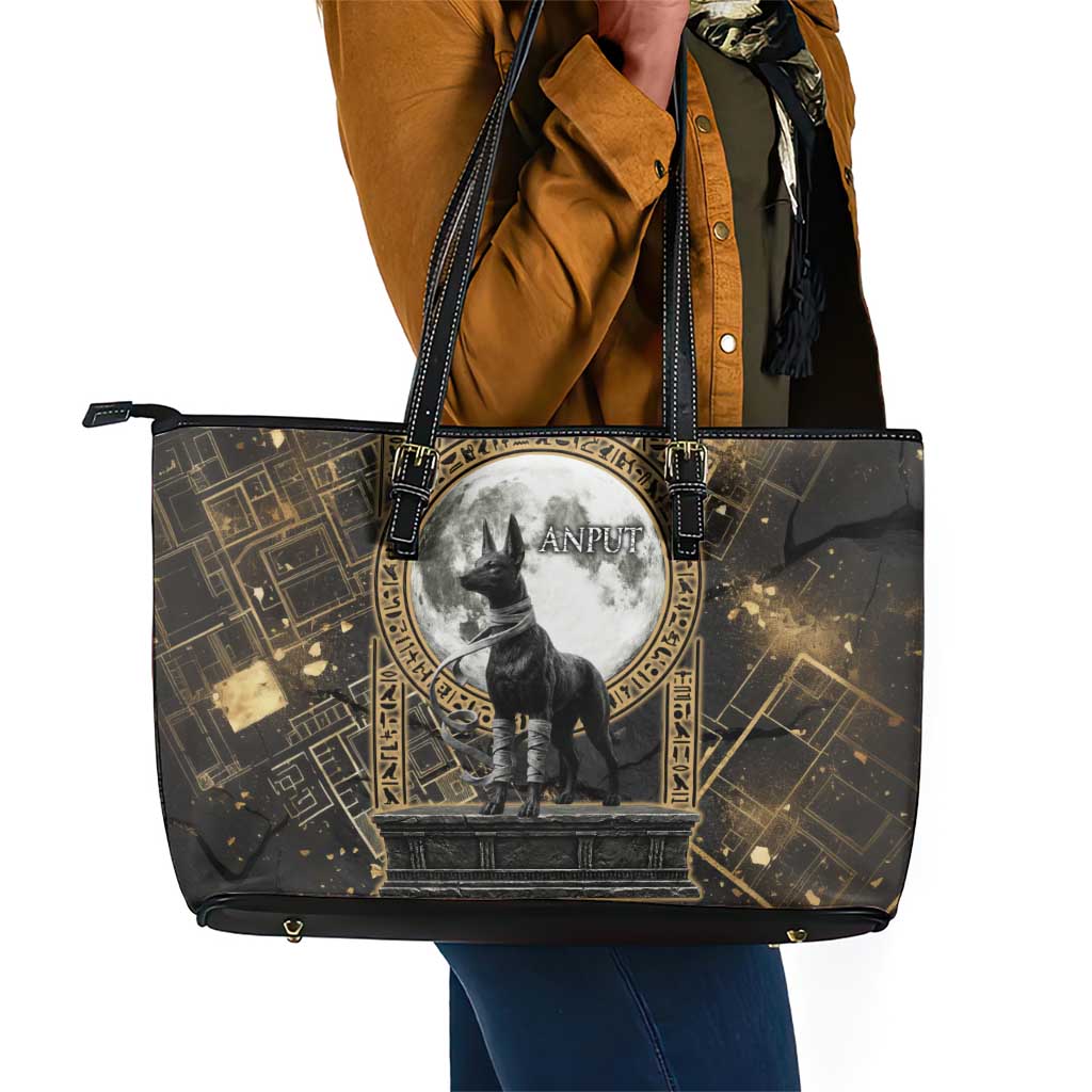 Anput Jackal Mask Leather Tote Bag with Full Moon Egyptian Afterlife Symbolism
