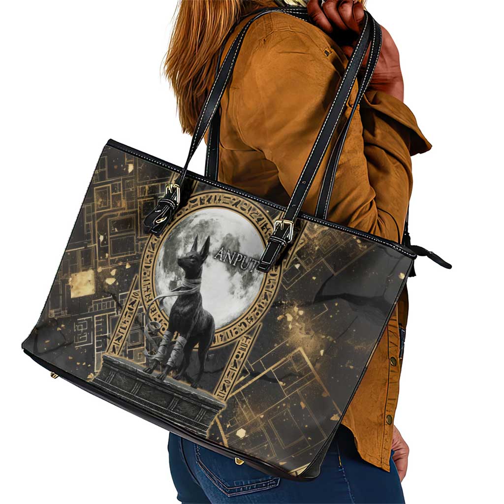 Anput Jackal Mask Leather Tote Bag with Full Moon Egyptian Afterlife Symbolism