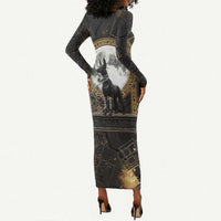 Anput Jackal Mask Long Sleeve Bodycon Dress with Full Moon Egyptian Afterlife Symbolism