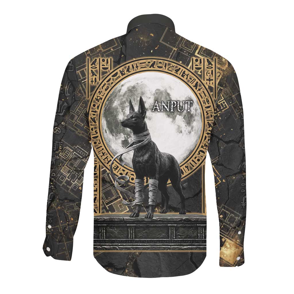 Anput Jackal Mask Long Sleeve Button Shirt with Full Moon Egyptian Afterlife Symbolism