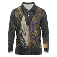 Anput Jackal Mask Long Sleeve Polo Shirt with Full Moon Egyptian Afterlife Symbolism