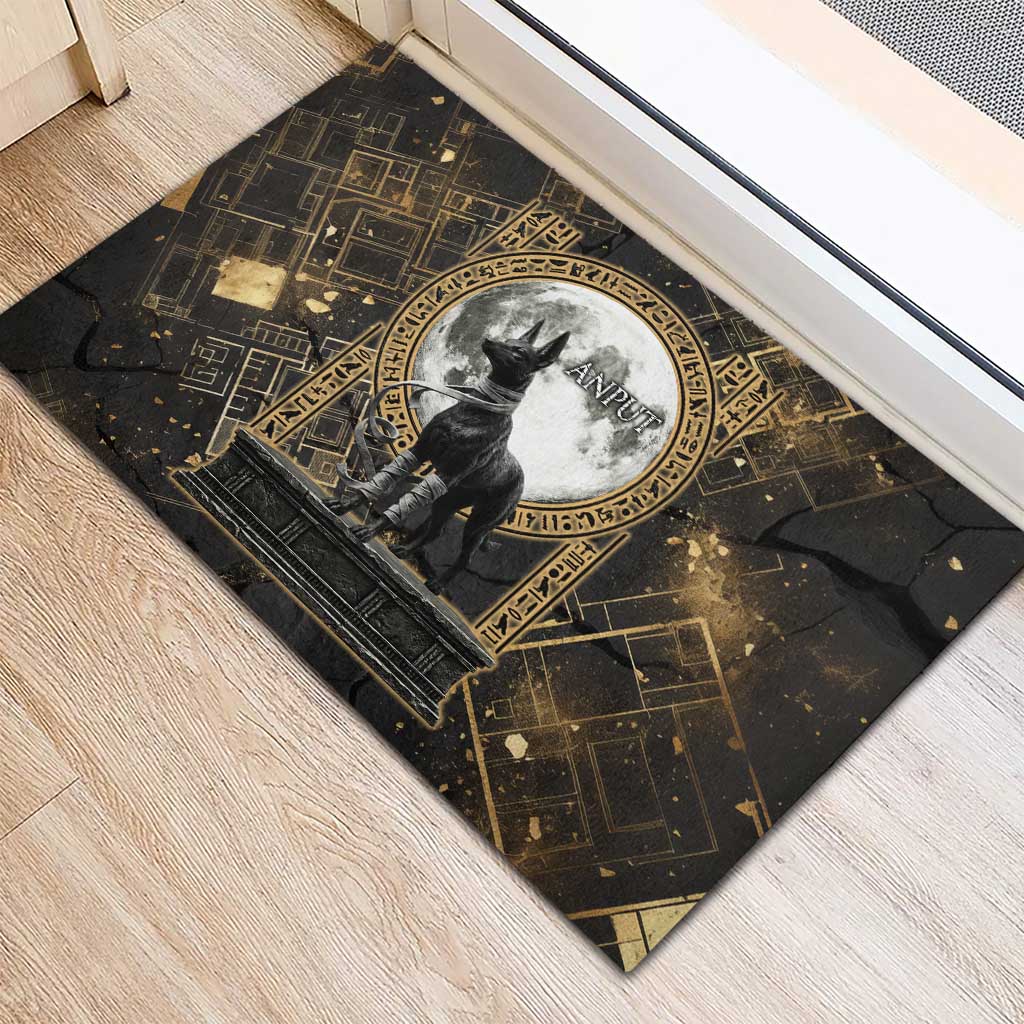 Anput Jackal Mask Rubber Doormat with Full Moon Egyptian Afterlife Symbolism