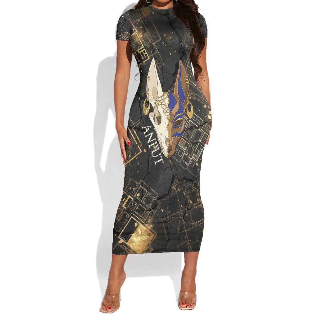 Anput Jackal Mask Short Sleeve Bodycon Dress with Full Moon Egyptian Afterlife Symbolism