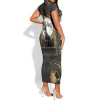 Anput Jackal Mask Short Sleeve Bodycon Dress with Full Moon Egyptian Afterlife Symbolism