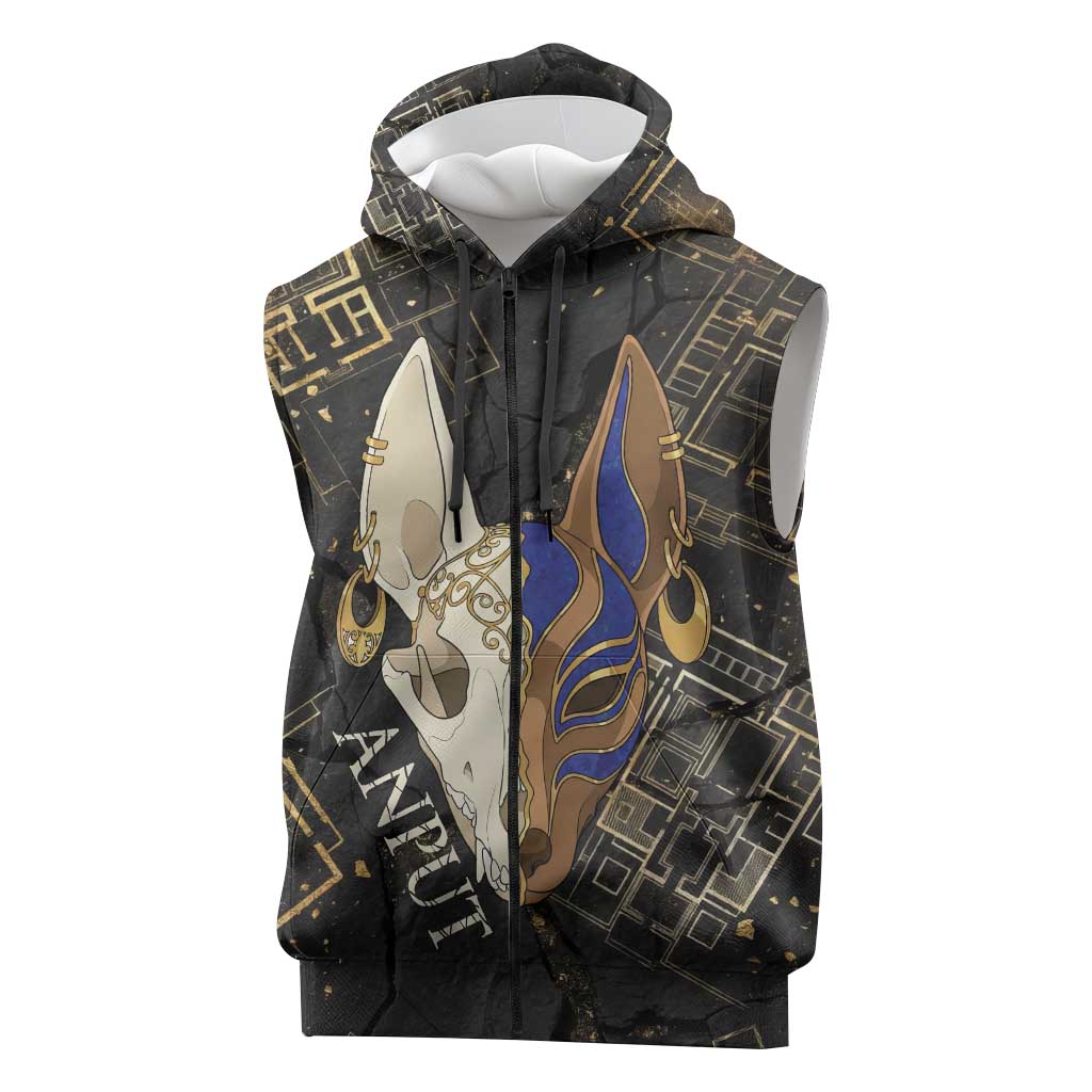 Anput Jackal Mask Sleeveless Zip Hoodie with Full Moon Egyptian Afterlife Symbolism