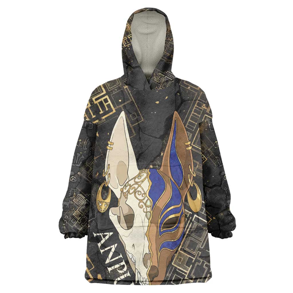 Anput Jackal Mask Wearable Blanket Hoodie with Full Moon Egyptian Afterlife Symbolism