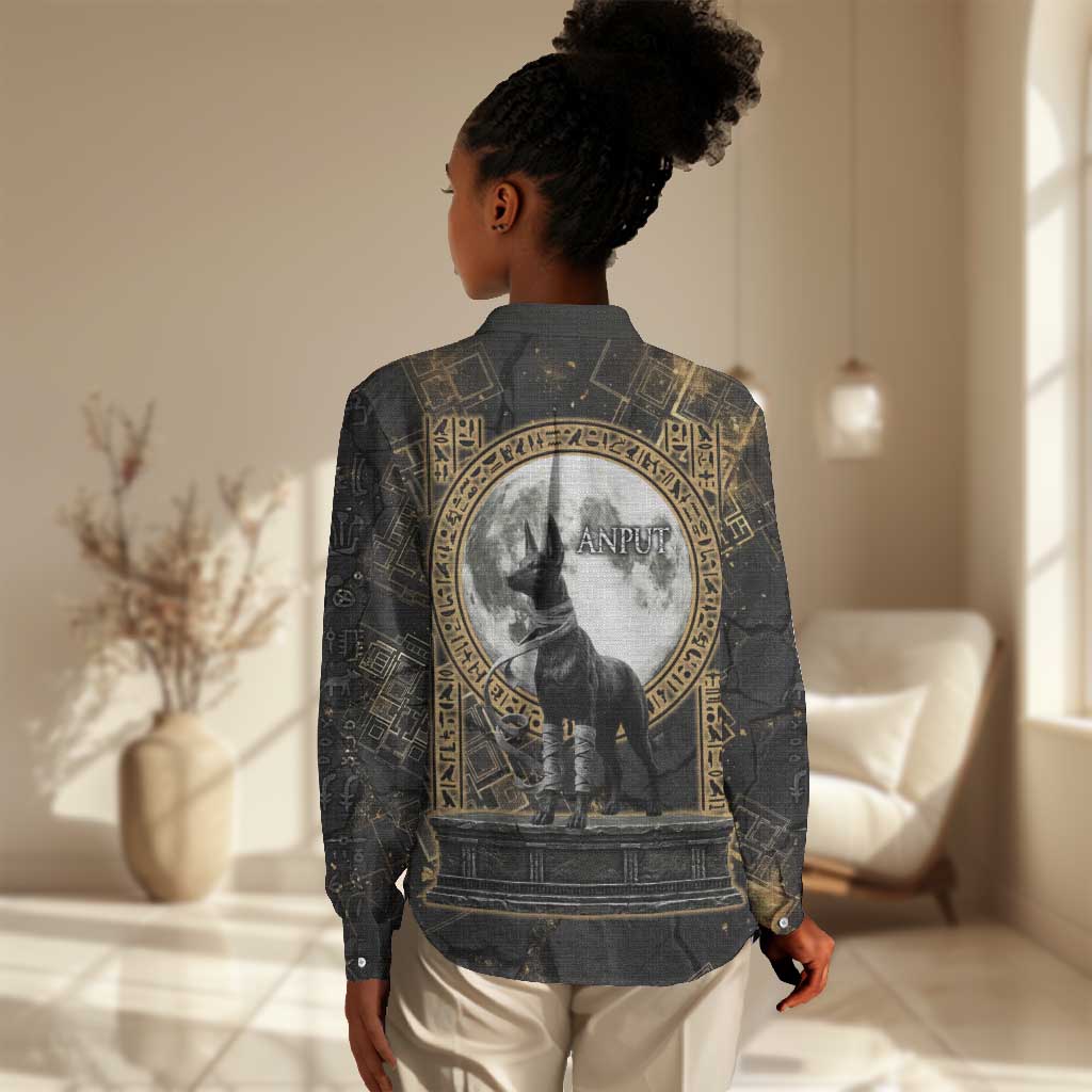 Anput Jackal Mask Women Casual Shirt with Full Moon Egyptian Afterlife Symbolism