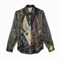 Anput Jackal Mask Women Casual Shirt with Full Moon Egyptian Afterlife Symbolism
