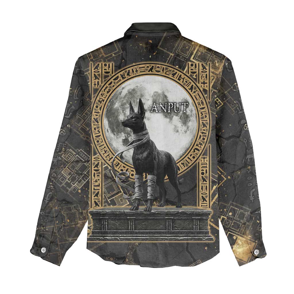 Anput Jackal Mask Women Casual Shirt with Full Moon Egyptian Afterlife Symbolism