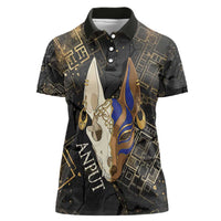 Anput Jackal Mask Women Polo Shirt with Full Moon Egyptian Afterlife Symbolism