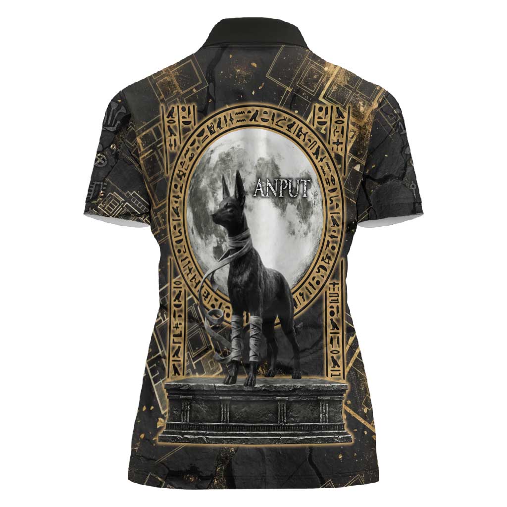 Anput Jackal Mask Women Polo Shirt with Full Moon Egyptian Afterlife Symbolism