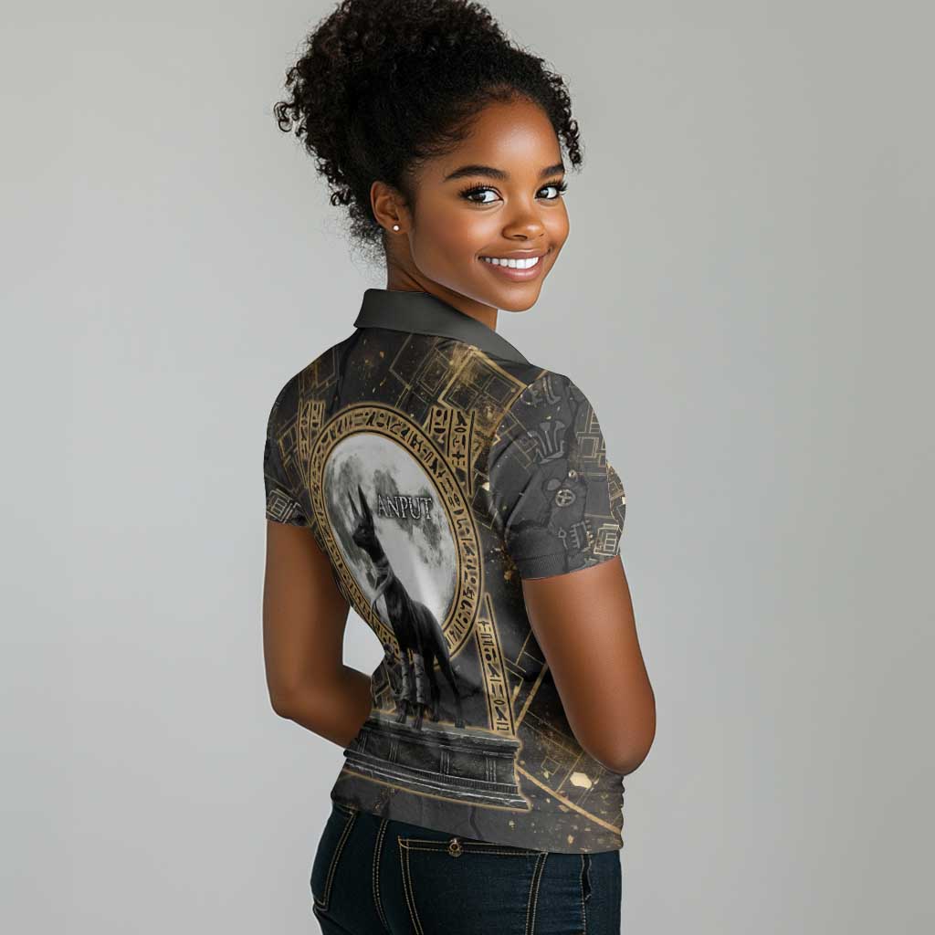 Anput Jackal Mask Women Polo Shirt with Full Moon Egyptian Afterlife Symbolism