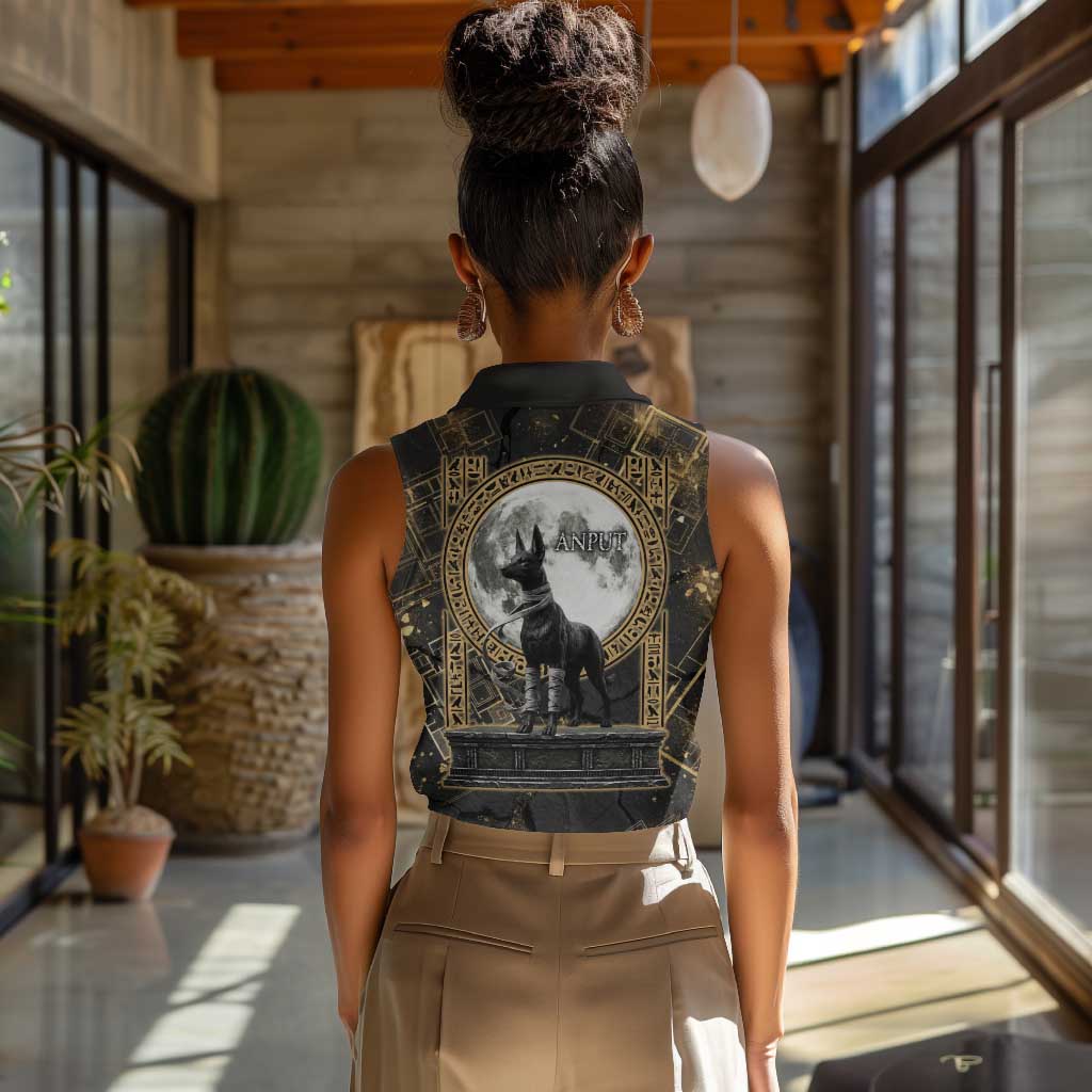 Anput Jackal Mask Women Sleeveless Polo Shirt with Full Moon Egyptian Afterlife Symbolism