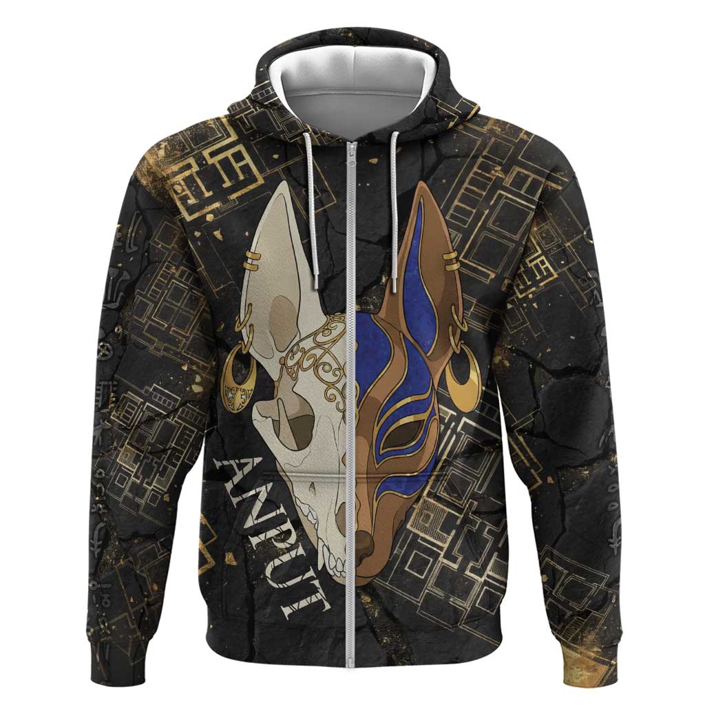 Anput Jackal Mask Zip Hoodie with Full Moon Egyptian Afterlife Symbolism