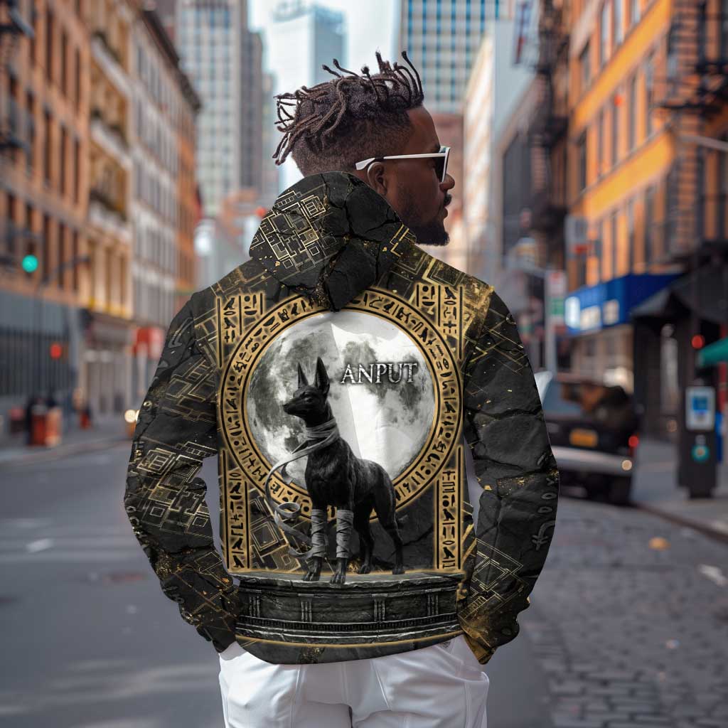 Anput Jackal Mask Zip Hoodie with Full Moon Egyptian Afterlife Symbolism