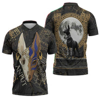 Anput Jackal Mask Zipper Polo Shirt with Full Moon Egyptian Afterlife Symbolism