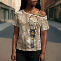 Hathor Cross Shoulder Shirt with Sacred Cow Head Egyptian Fertility Symbolism