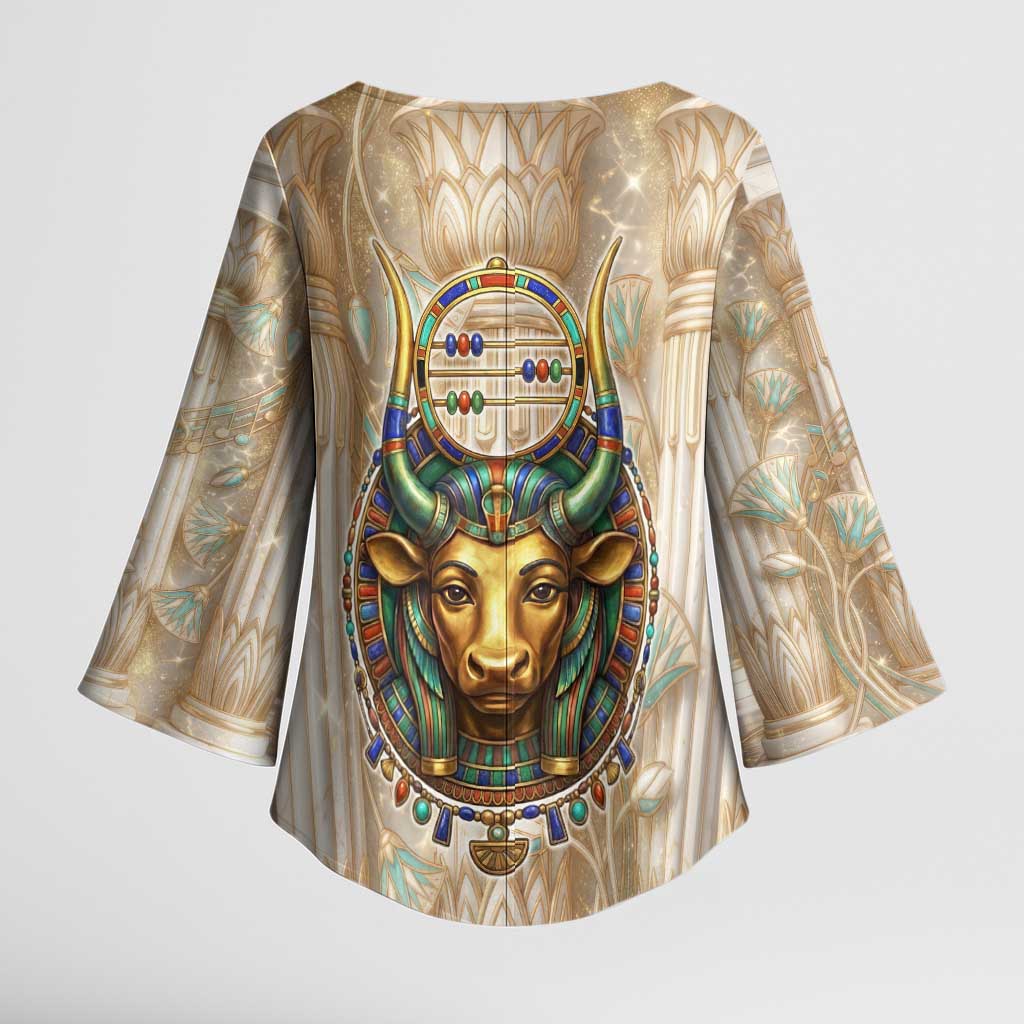 Hathor Kimono Sleeve Blouse with Sacred Cow Head Egyptian Fertility Symbolism