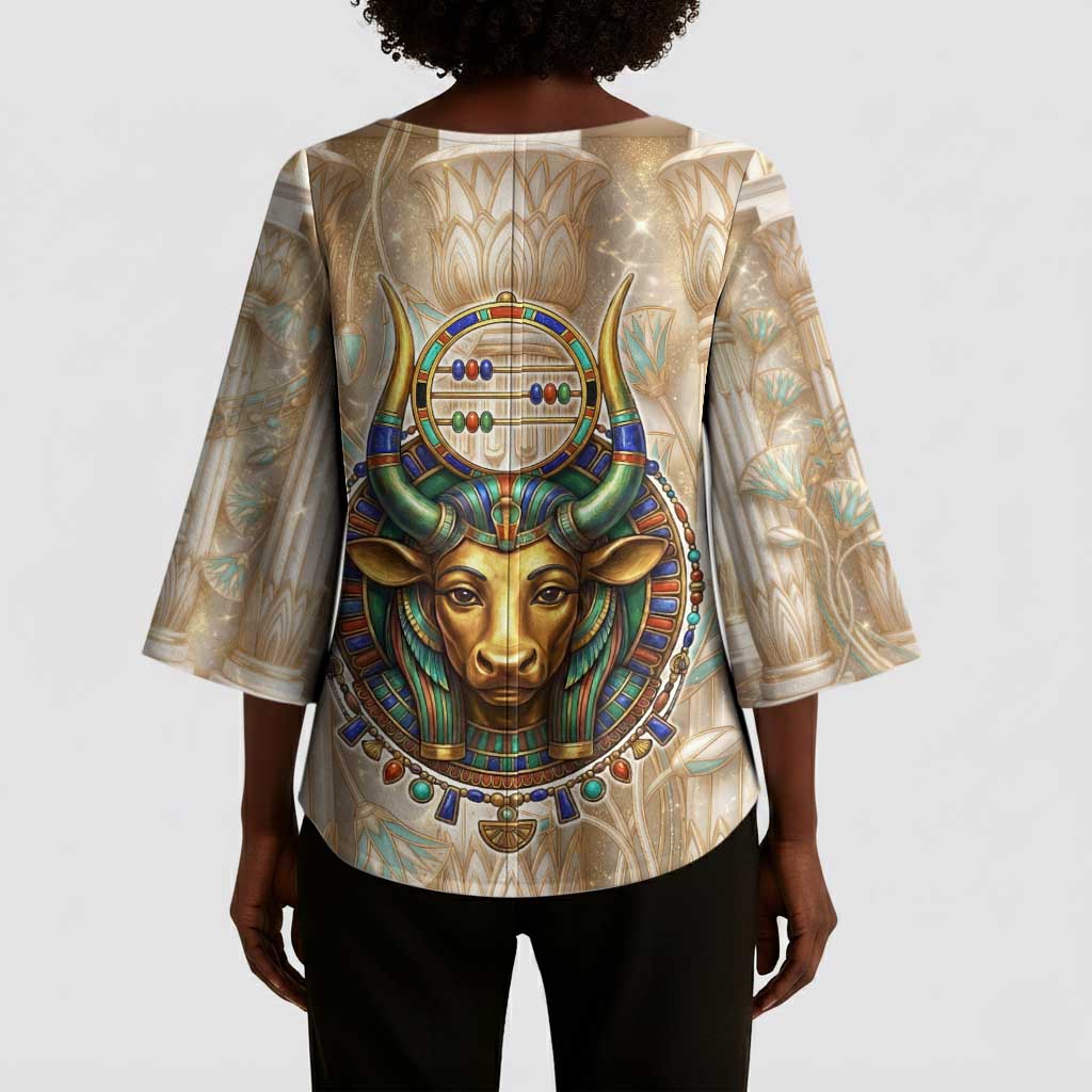 Hathor Kimono Sleeve Blouse with Sacred Cow Head Egyptian Fertility Symbolism