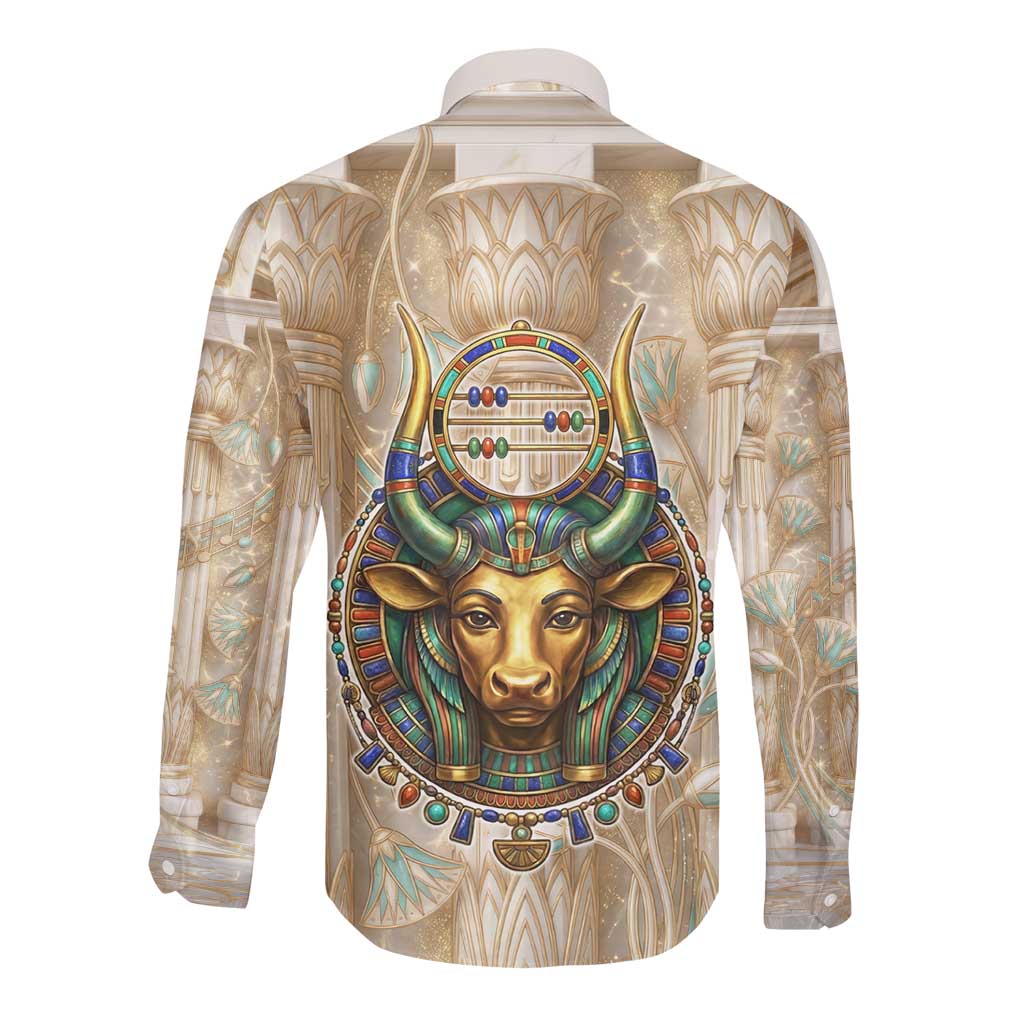 Hathor Long Sleeve Button Shirt with Sacred Cow Head Egyptian Fertility Symbolism