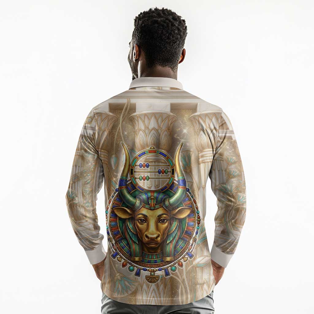 Hathor Long Sleeve Polo Shirt with Sacred Cow Head Egyptian Fertility Symbolism