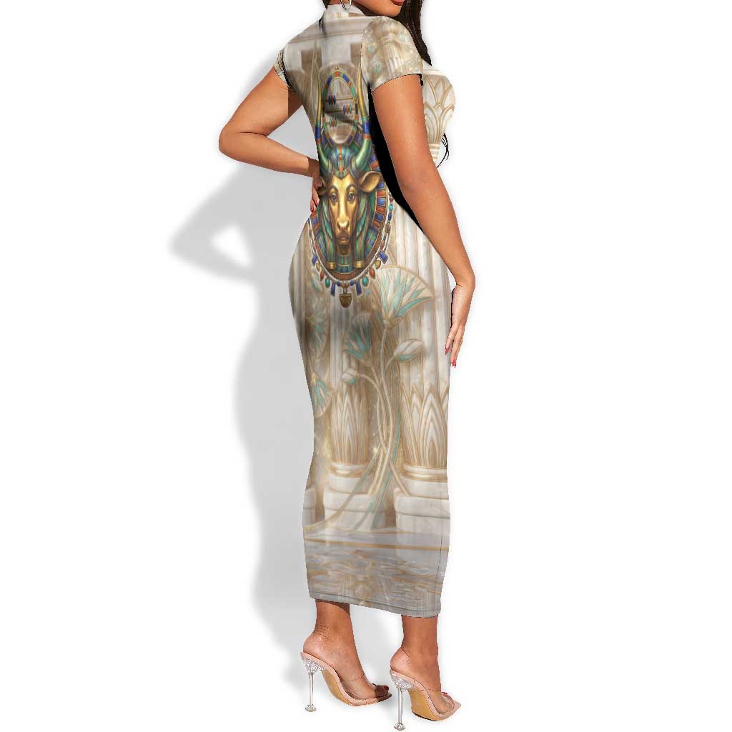 Hathor Short Sleeve Bodycon Dress with Sacred Cow Head Egyptian Fertility Symbolism