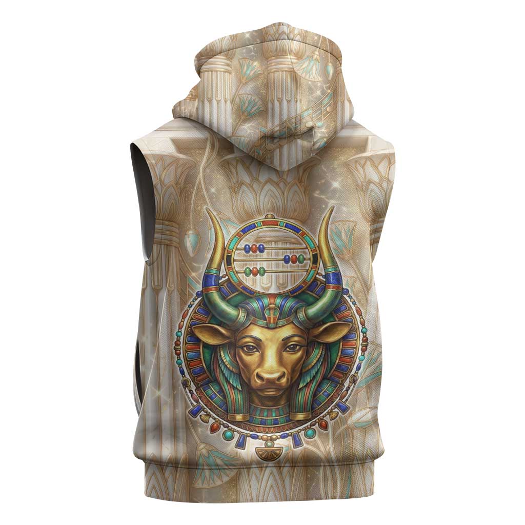 Hathor Sleeveless Zip Hoodie with Sacred Cow Head Egyptian Fertility Symbolism