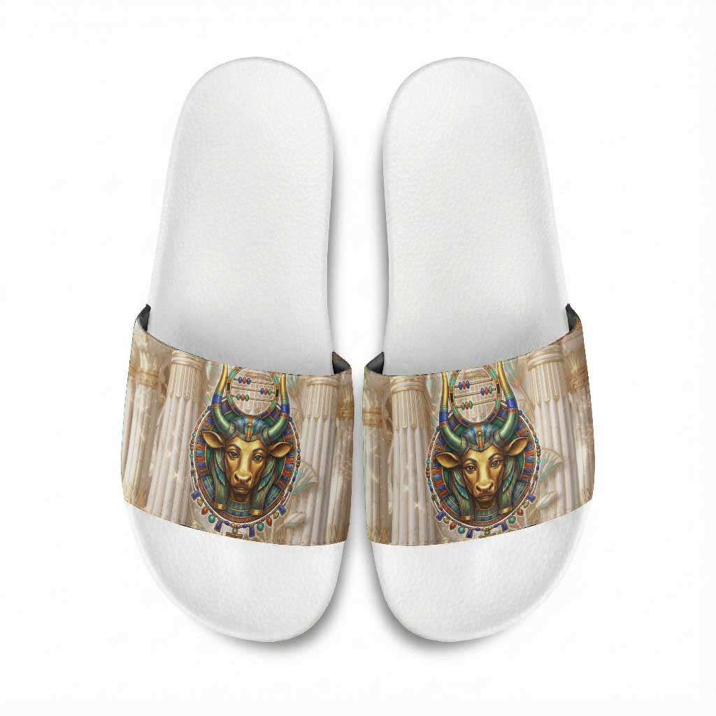 Hathor Slide Sandals with Sacred Cow Head Egyptian Fertility Symbolism