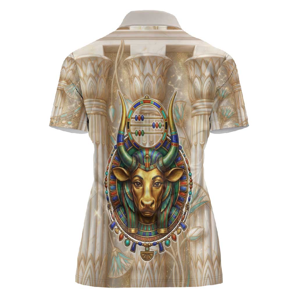 Hathor Women Polo Shirt with Sacred Cow Head Egyptian Fertility Symbolism