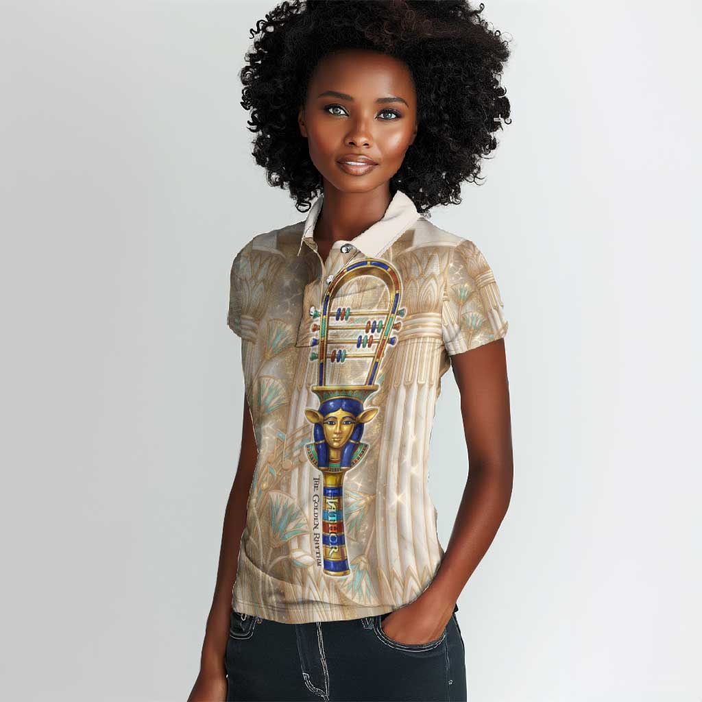 Hathor Women Polo Shirt with Sacred Cow Head Egyptian Fertility Symbolism