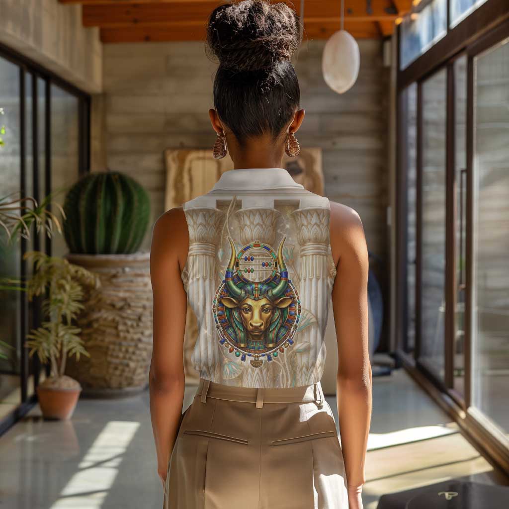 Hathor Women Sleeveless Polo Shirt with Sacred Cow Head Egyptian Fertility Symbolism