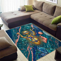 Hathor Golden Sacred Heart Egyptian Area Rug with Gemstone Pattern in Turquoise Theme