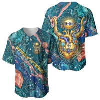 Hathor Golden Sacred Heart Egyptian Baseball Jersey with Gemstone Pattern in Turquoise Theme
