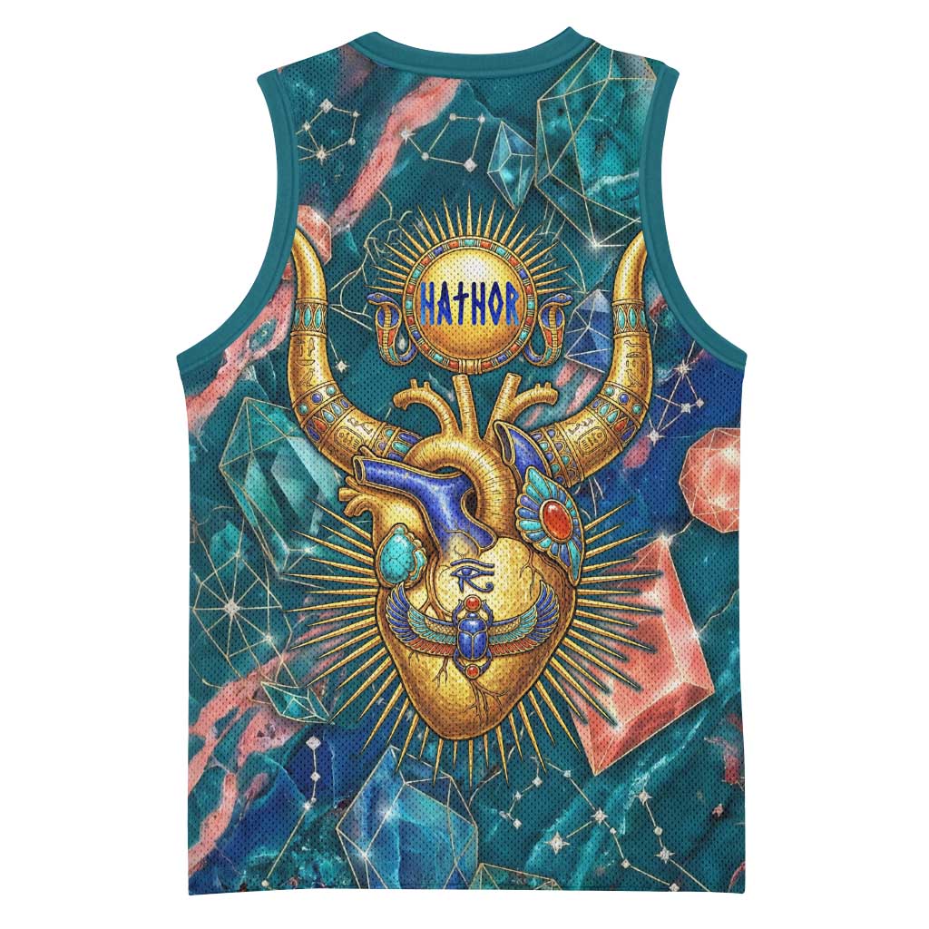 Hathor Golden Sacred Heart Egyptian Basketball Jersey with Gemstone Pattern in Turquoise Theme