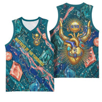 Hathor Golden Sacred Heart Egyptian Basketball Jersey with Gemstone Pattern in Turquoise Theme
