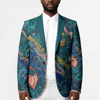 Hathor Golden Sacred Heart Egyptian Blazer with Gemstone Pattern in Turquoise Theme