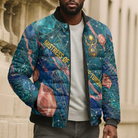 Hathor Golden Sacred Heart Egyptian Bomber Puffer Jacket with Gemstone Pattern in Turquoise Theme