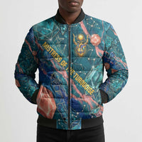 Hathor Golden Sacred Heart Egyptian Bomber Puffer Jacket with Gemstone Pattern in Turquoise Theme