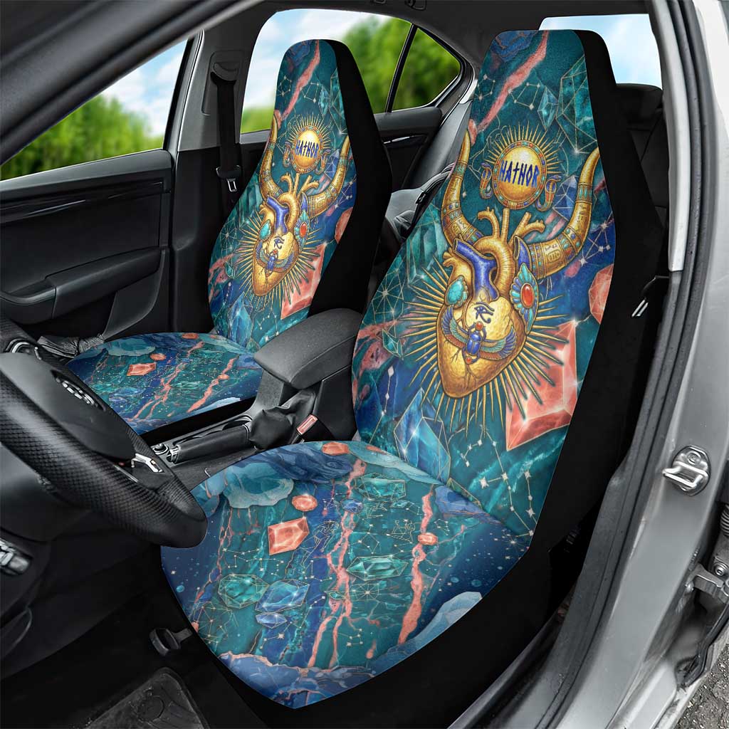 Hathor Golden Sacred Heart Egyptian Car Seat Cover with Gemstone Pattern in Turquoise Theme