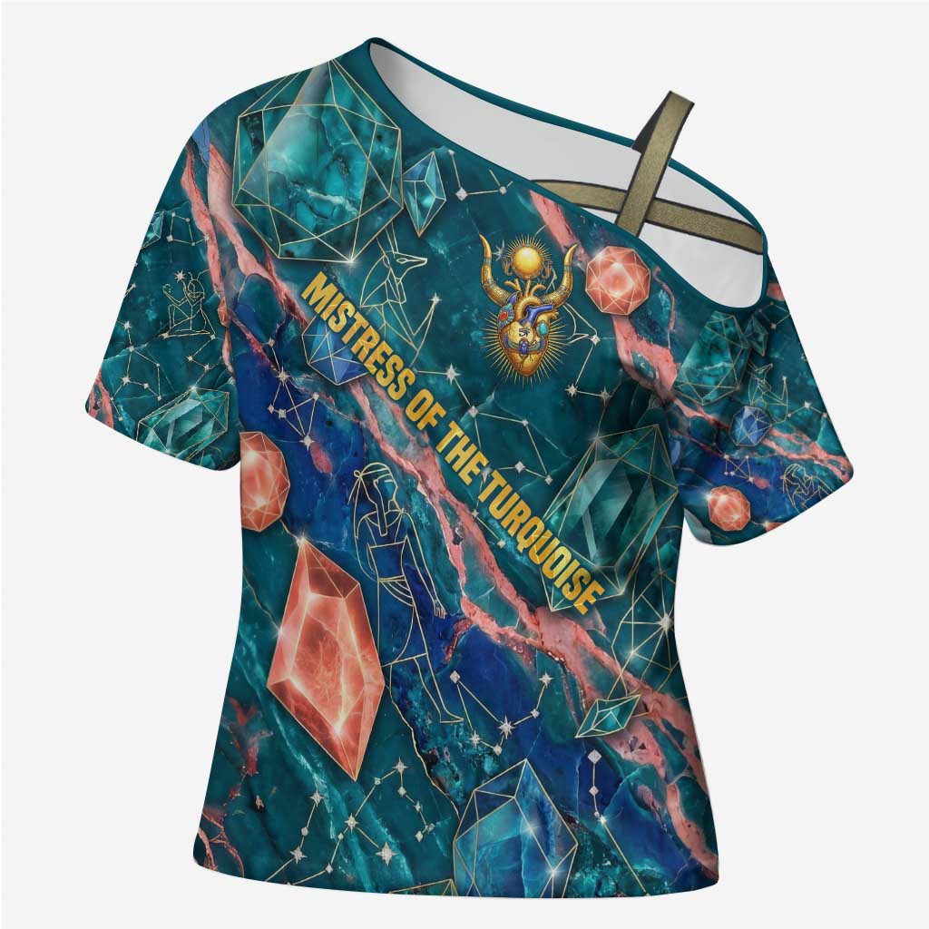 Hathor Golden Sacred Heart Egyptian Cross Shoulder Shirt with Gemstone Pattern in Turquoise Theme