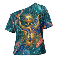 Hathor Golden Sacred Heart Egyptian Cross Shoulder Shirt with Gemstone Pattern in Turquoise Theme