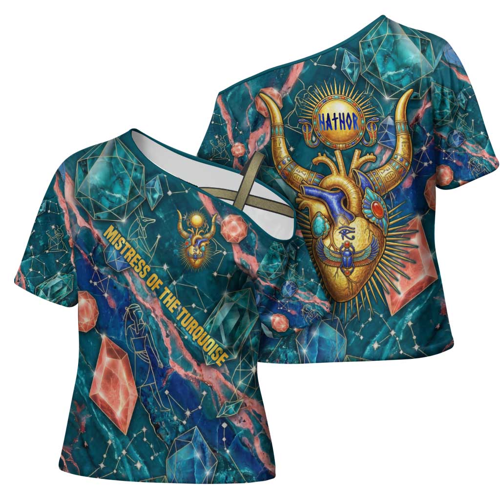 Hathor Golden Sacred Heart Egyptian Cross Shoulder Shirt with Gemstone Pattern in Turquoise Theme