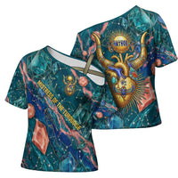 Hathor Golden Sacred Heart Egyptian Cross Shoulder Shirt with Gemstone Pattern in Turquoise Theme