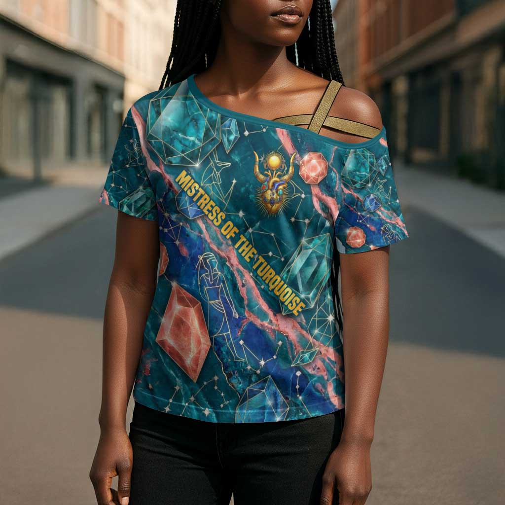 Hathor Golden Sacred Heart Egyptian Cross Shoulder Shirt with Gemstone Pattern in Turquoise Theme