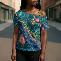 Hathor Golden Sacred Heart Egyptian Cross Shoulder Shirt with Gemstone Pattern in Turquoise Theme