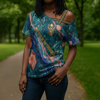 Hathor Golden Sacred Heart Egyptian Cross Shoulder Shirt with Gemstone Pattern in Turquoise Theme