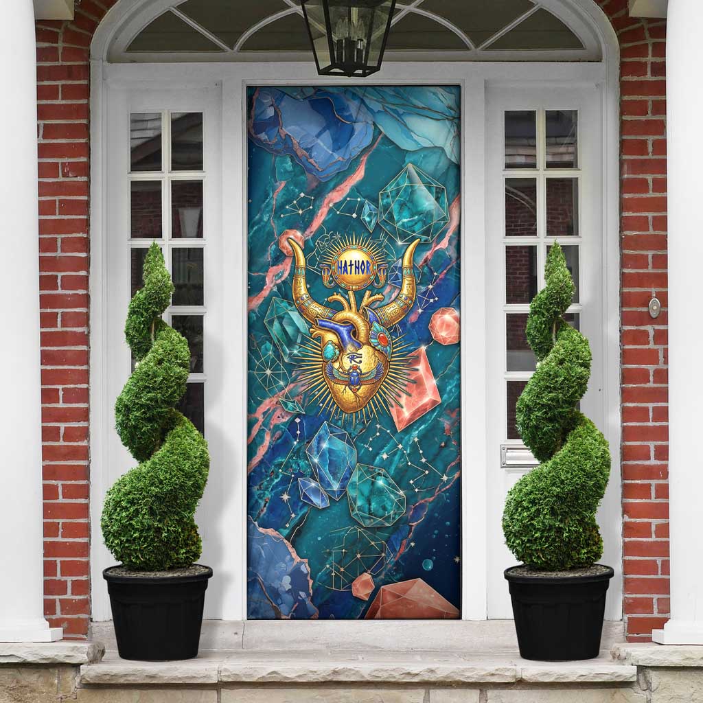 Hathor Golden Sacred Heart Egyptian Door Cover with Gemstone Pattern in Turquoise Theme
