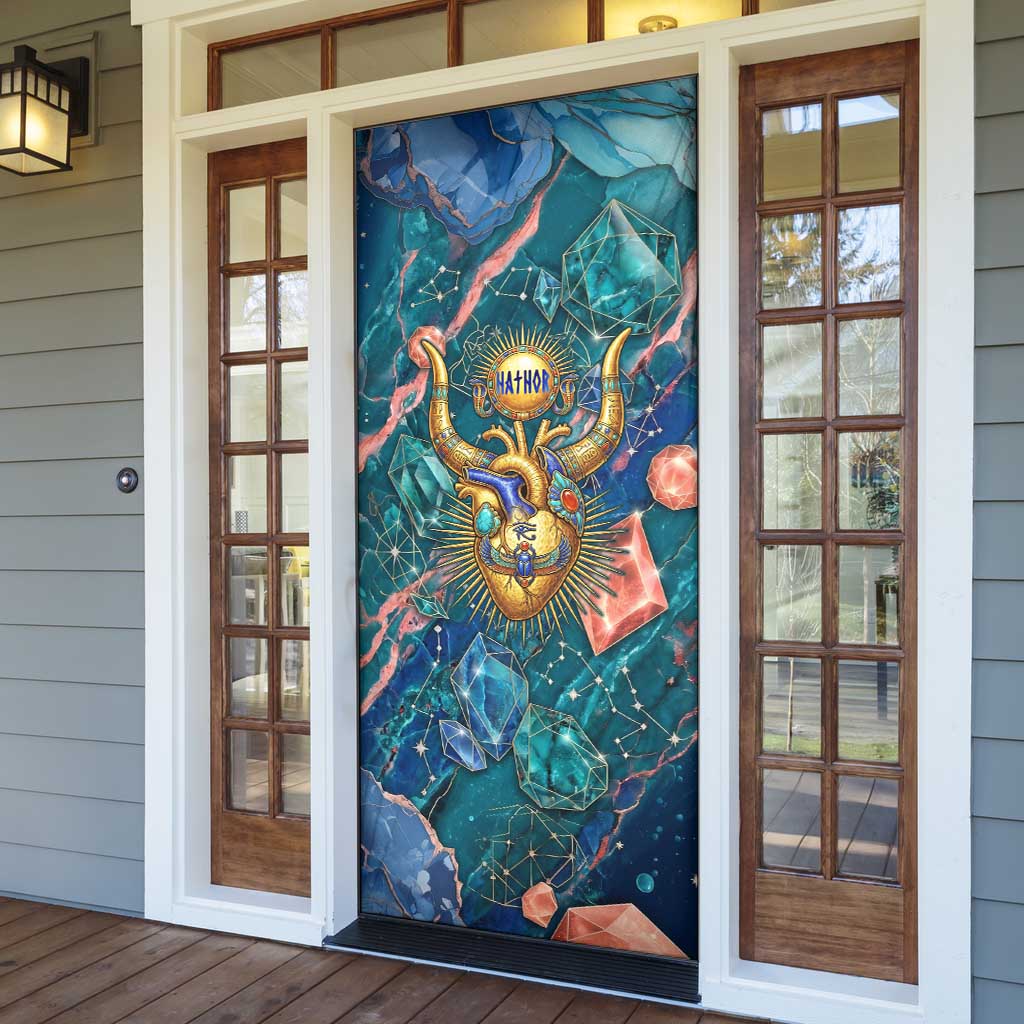Hathor Golden Sacred Heart Egyptian Door Cover with Gemstone Pattern in Turquoise Theme