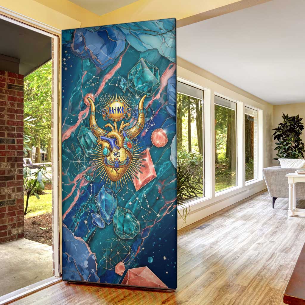 Hathor Golden Sacred Heart Egyptian Door Cover with Gemstone Pattern in Turquoise Theme